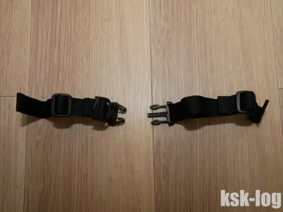 モンベルのトライパック45にチェストストラップを取り付けて、輪ゴムで縦ずれを防いでみた